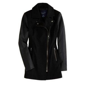 American Eagle Outfitters Wool Faux Leather  Zip Pea Coat Black size L